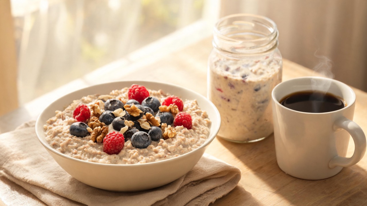 Kom protein oats met bessen en noten naast een glas met overnight oats en een kop koffie op een ontbijttafel